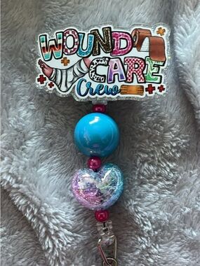 Wound Care Crew Badge Reel - Blue & Pink Heart Accent